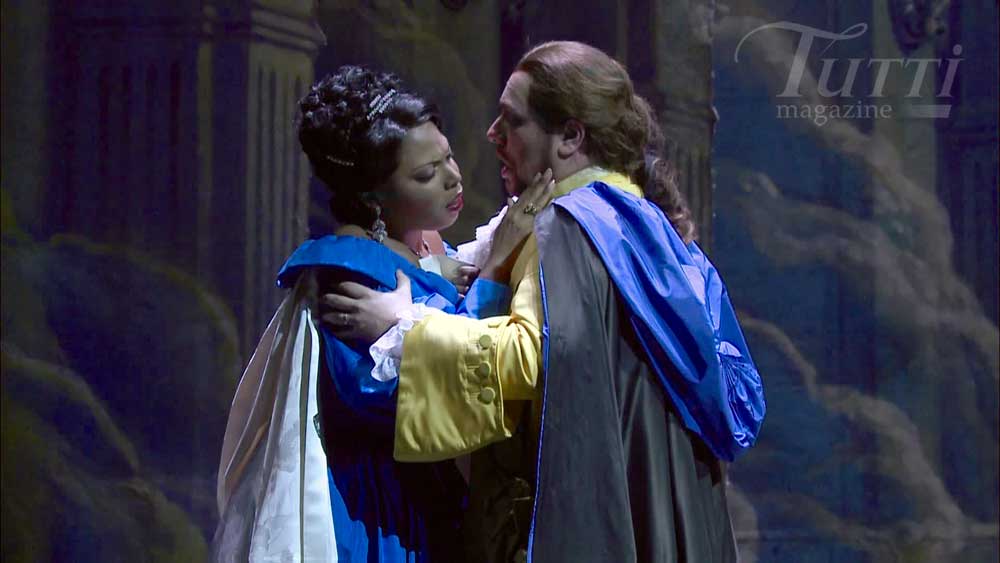 Kristin Lewis (Amelia) et Francesco Meli (Riccardo) dans <i>Un Bal masqué</i> mis en scène par Massimo Gasparon.